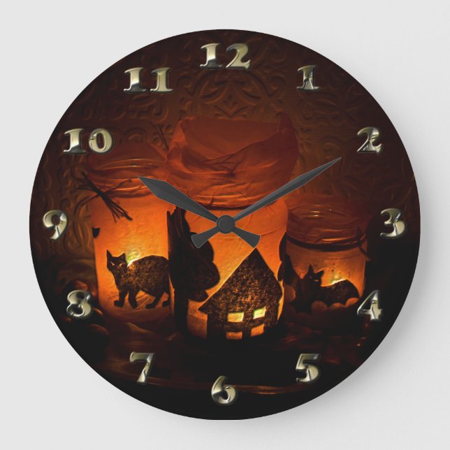Halloween Black Cat with Luminaries and Bats Large Clock (Front)
