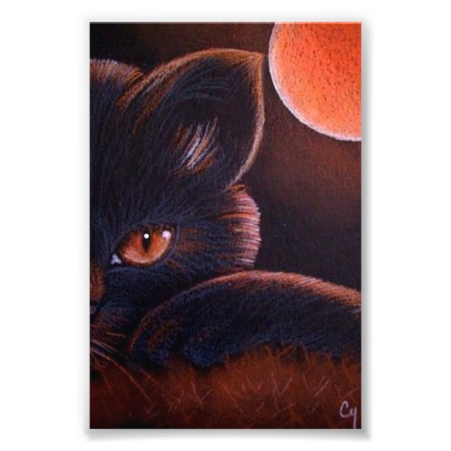 HALLOWEEN BLACK CAT WITH ORANGE MOON 4" X 6" PRINT (Front)