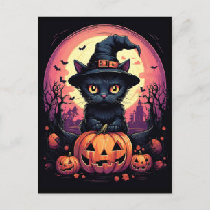Halloween Black CAT with Pumpkin and Witch HAT Postcard