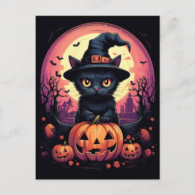 Halloween Black CAT with Pumpkin and Witch HAT Postcard (Front)