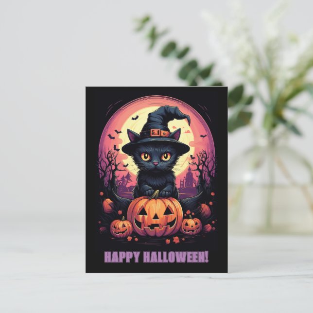 Halloween Black CAT with Pumpkin and Witch HAT Postcard (Standing Front)