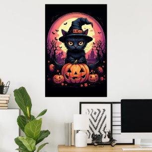 Halloween Black CAT with Pumpkin and Witch HAT Poster