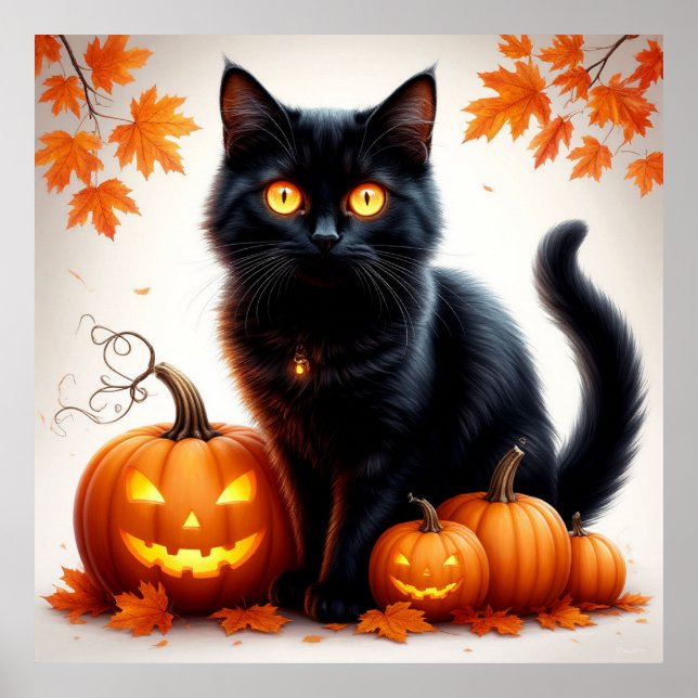 Halloween Black Cat With Pumpkin Patch Scene 🎃 Poster (Front)