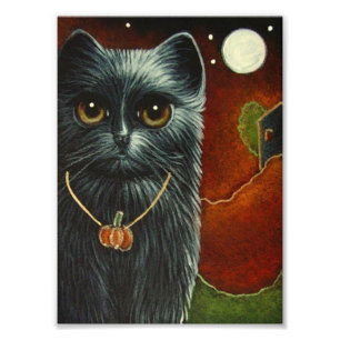 HALLOWEEN BLACK CAT with PUMPKIN PENDANT PRINT