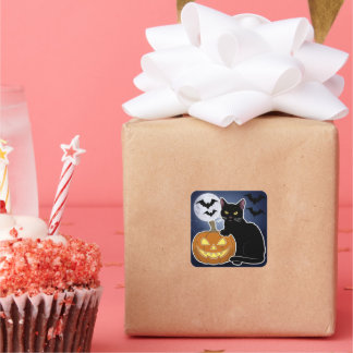 halloween black cat with pumpkin square sticker