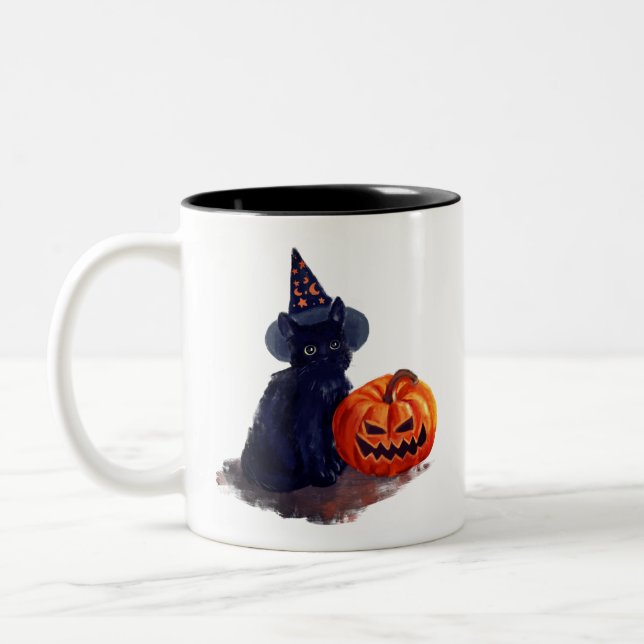 Halloween Black Cat with Pumpkin Two-Tone Coffee Mug (Left)