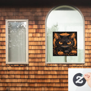 Halloween Black Cat with Pumpkins and Moon