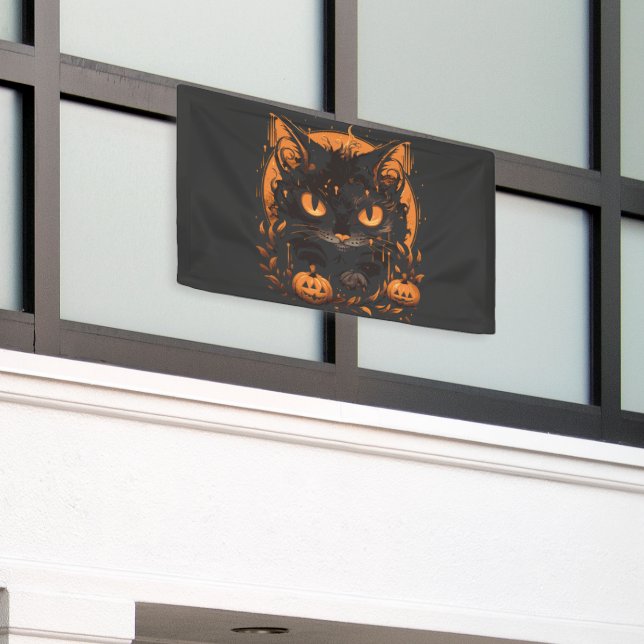 Halloween Black Cat with Pumpkins and Moon Banner (Outside Building)