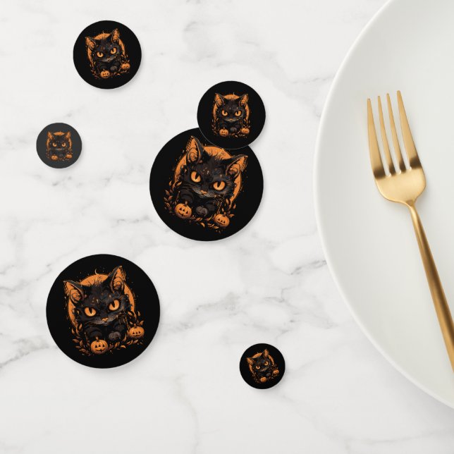 Halloween Black Cat with Pumpkins and Moon Confetti (Group)