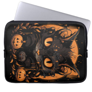 Halloween Black Cat with Pumpkins and Moon Laptop Sleeve