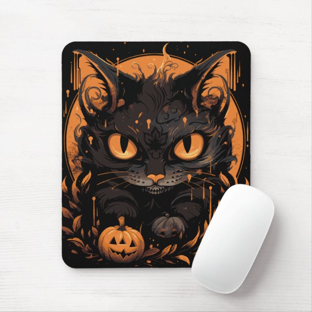 Halloween Black Cat with Pumpkins and Moon Mouse Pad (With Mouse)