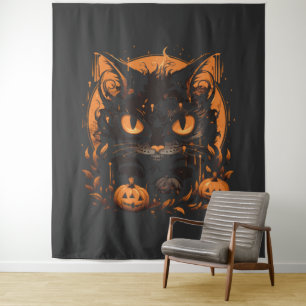 Halloween Black Cat with Pumpkins and Moon Tapestry