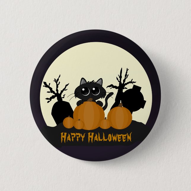 Halloween Black Cat with Pumpkins in a Graveyard 6 Cm Round Badge (Front)