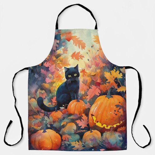Halloween Black Cat With Pumpkins Scary Apron (Front)