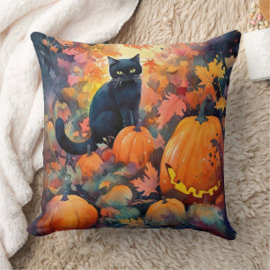 Halloween Black Cat With Pumpkins Scary Cushion
