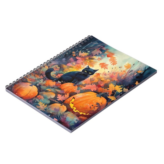 Halloween Black Cat With Pumpkins Scary Notebook (Left Side)