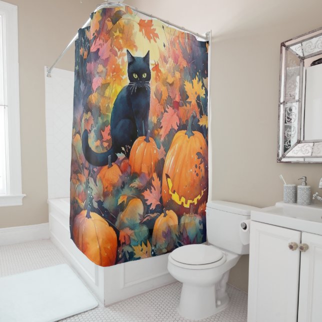 Halloween Black Cat With Pumpkins Scary Shower Curtain (In Situ)