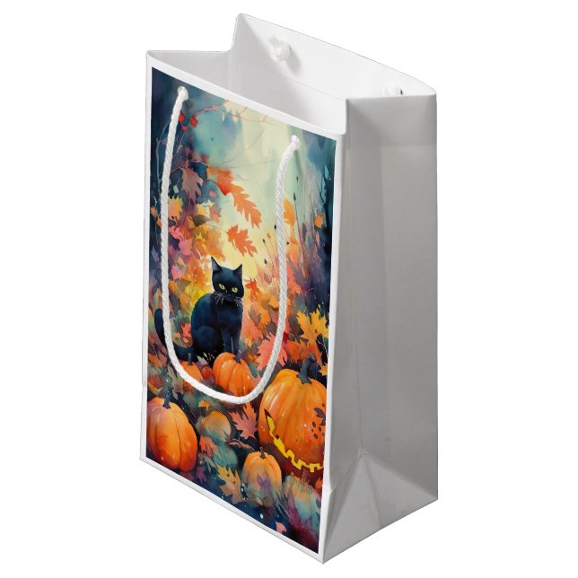Halloween Black Cat With Pumpkins Scary Small Gift Bag (Front Angled)