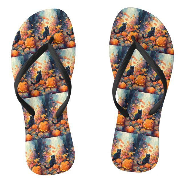 Halloween Black Cat With Pumpkins Scary Thongs (Footbed)