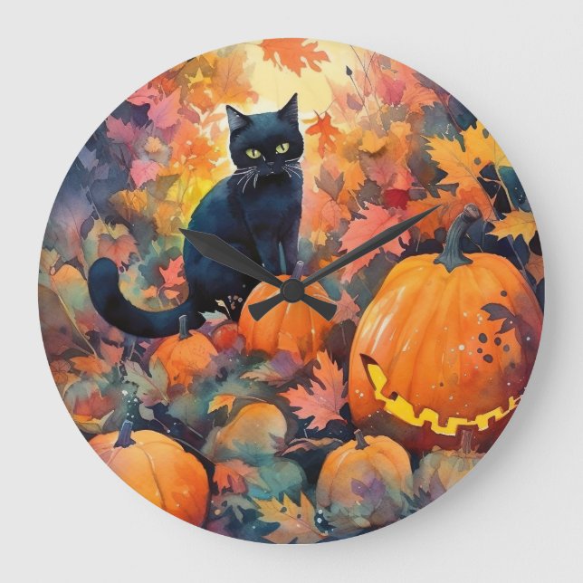 Halloween Black Cat With Pumpkins Scary Wall Clock (Front)