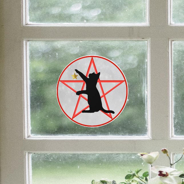 Halloween Black Cat With Star Red Pentagram Grey (Black cat gold star on red pentagram in circle on grey Halloween window cling decoration.)