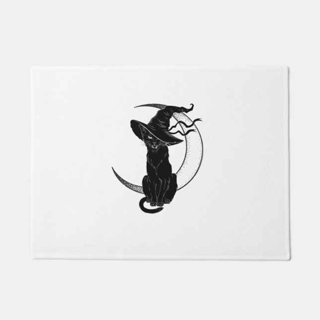 Halloween Black Cat With Witch Hat    Doormat (Front)