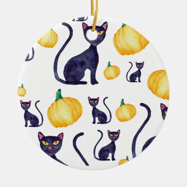 Halloween Black Cats And Orange Pumpkin Design Ceramic Ornament (Front)