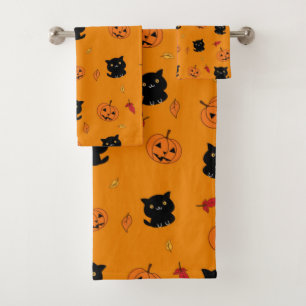 Halloween Black Cats And Pumpkins Pattern Bath Towel Set