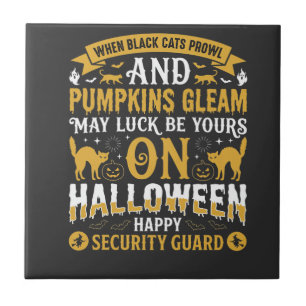 Halloween Black Cats and Pumpkins Security Guard D Ceramic Tile