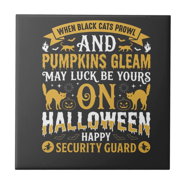 Halloween Black Cats and Pumpkins Security Guard D Ceramic Tile (Front)