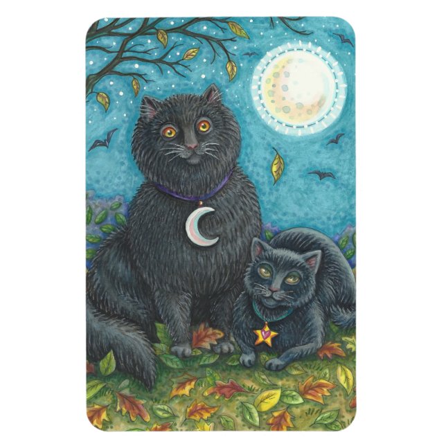 HALLOWEEN BLACK CATS, FOLK ART MAGNET Lg Rectangle (Vertical)