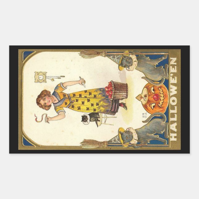 Halloween Black Cats Pumpkin Witch Vintage Rectangular Sticker (Front)
