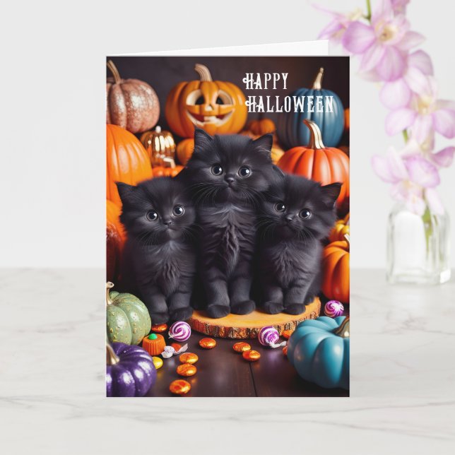 Halloween Black Cats with Pumpkins and Candy Card (Orchid)