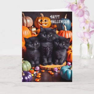 Halloween Black Cats with Pumpkins and Candy Card