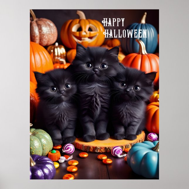 Halloween Black Cats with Pumpkins and Candy Poster (Front)