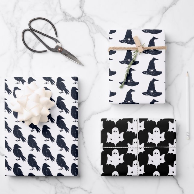 Halloween Black Crow Silhouette Pattern Wrapping Paper Sheet (Front)