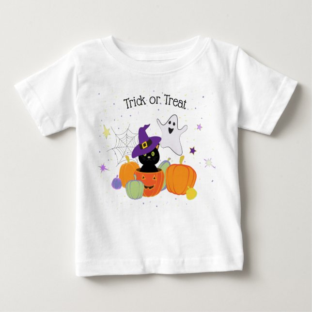 Halloween Black Cute Cat and Pumpkins Baby T-Shirt (Front)