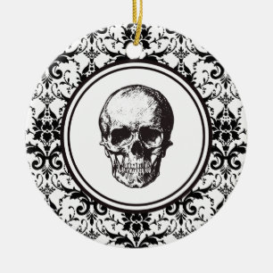 HALLOWEEN Black Damask Pattern Skull Personalised Ceramic Tree Decoration