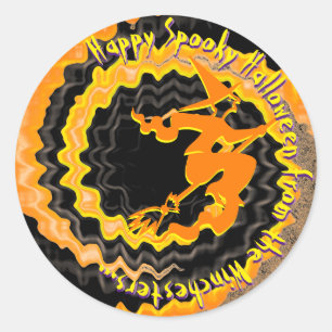 Halloween black flying witch magic spell text  classic round sticker