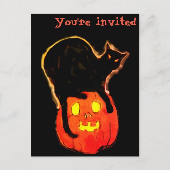 Halloween Black Glowing Cat Atop Glowing Pumpkin Postcard (Front)
