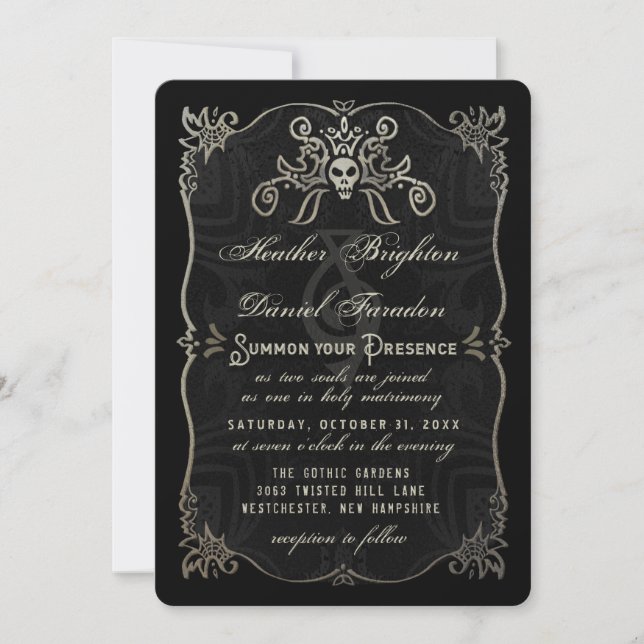 Halloween Black Gold Elegant Skull Wedding Invite (Front)