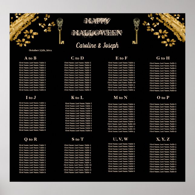 Halloween Black & Gold Skulls & Gold Seating Chart (Front)