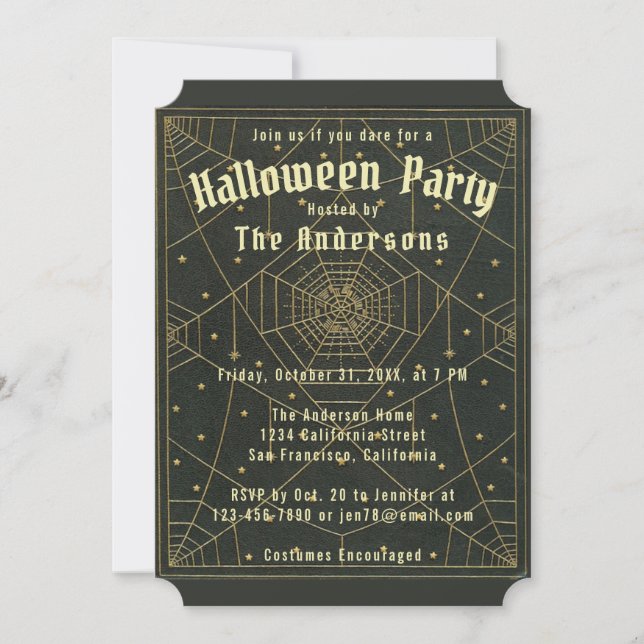 Halloween Black Gold Spiderwebs & Stars Vintage  Invitation (Front)