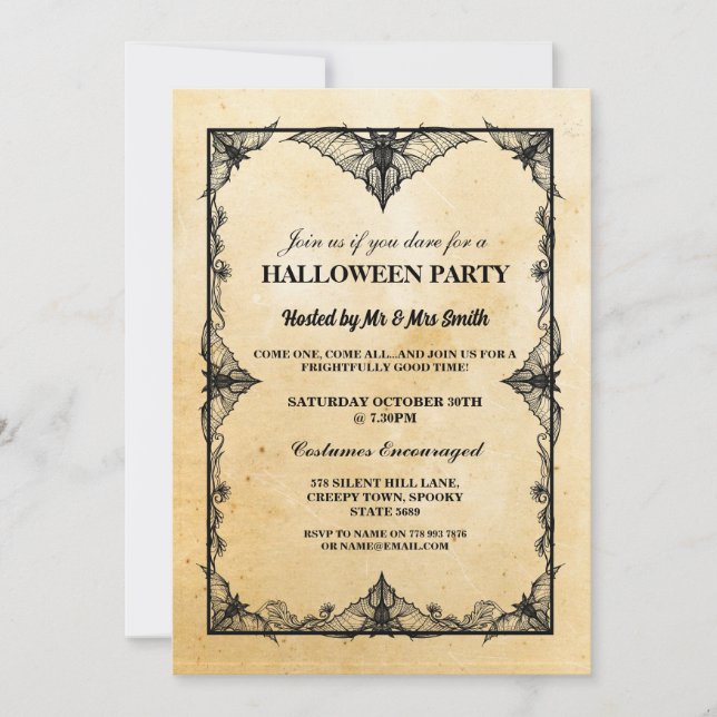 Halloween Black Gothic Bat Frame Party Invite (Front)