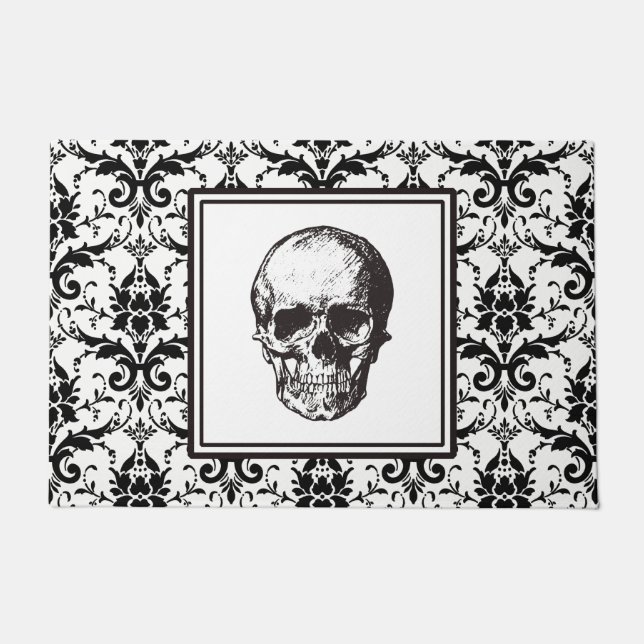 HALLOWEEN Black Gothic Damask Pattern Skull Doormat (Front)
