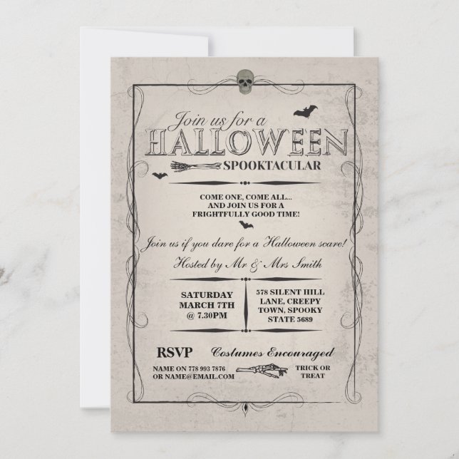 Halloween Black Gothic Skeleton Skull Party Invite (Front)