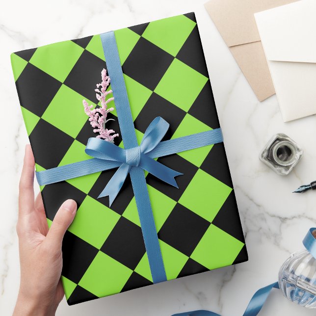 Halloween Black Green Chequered Birthday Custom Te Wrapping Paper (Halloween Black Green Checker Birthday Custom Text Wrapping Paper)
