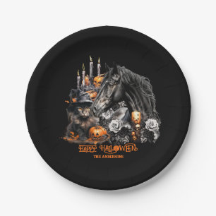 Halloween black Horse black Cat spooky Paper Plate