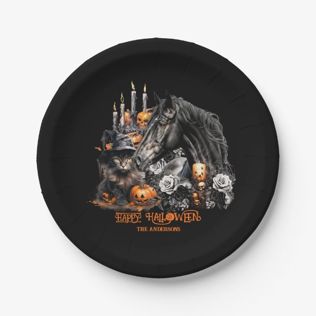 Halloween black Horse black Cat spooky Paper Plate (Front)