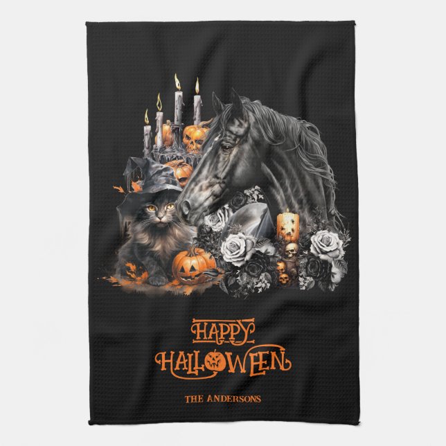 Halloween black Horse black Cat spooky Tea Towel (Vertical)